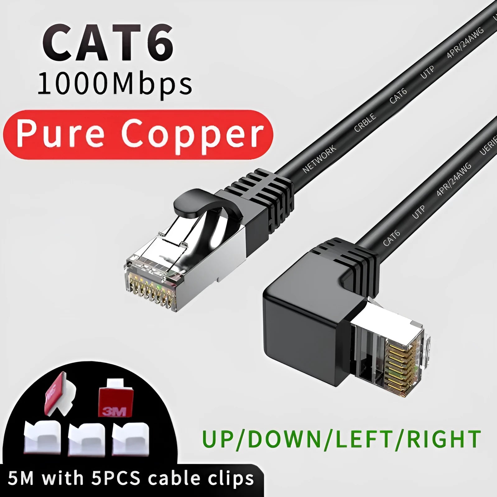 Cat6 Ethernet cable with a black right-angled RJ45 metal connector shown alongside other colour variants.