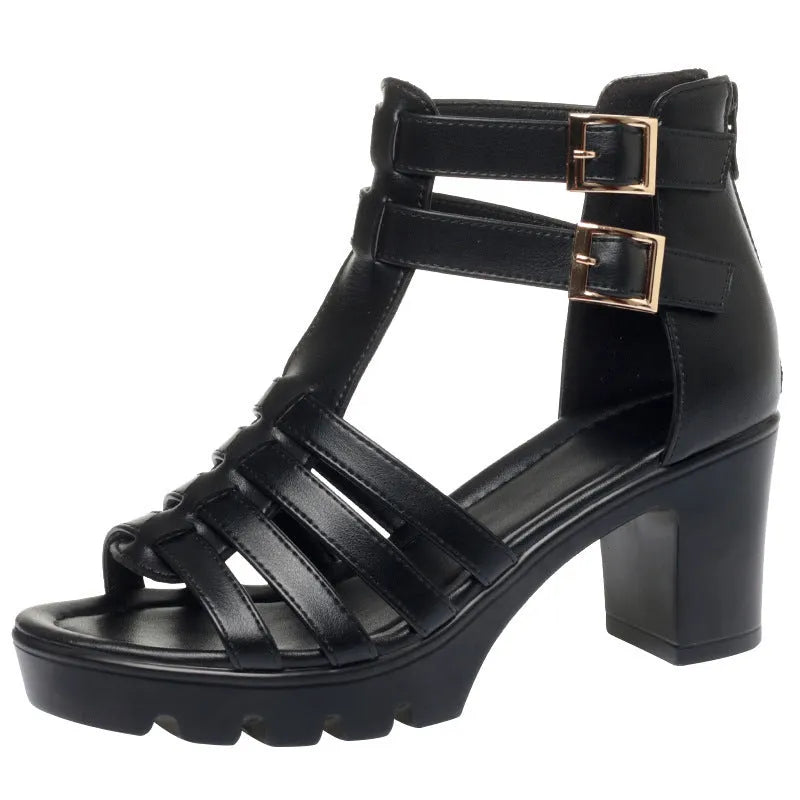 Women's summer hollow-out high heel rhinestone shoes in beige with fish mouth toe and buckle closure