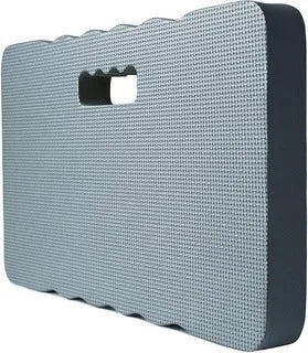 Blue rectangular EVA foam garden kneeler pad on grass, dimensions 45 by 28 cm.