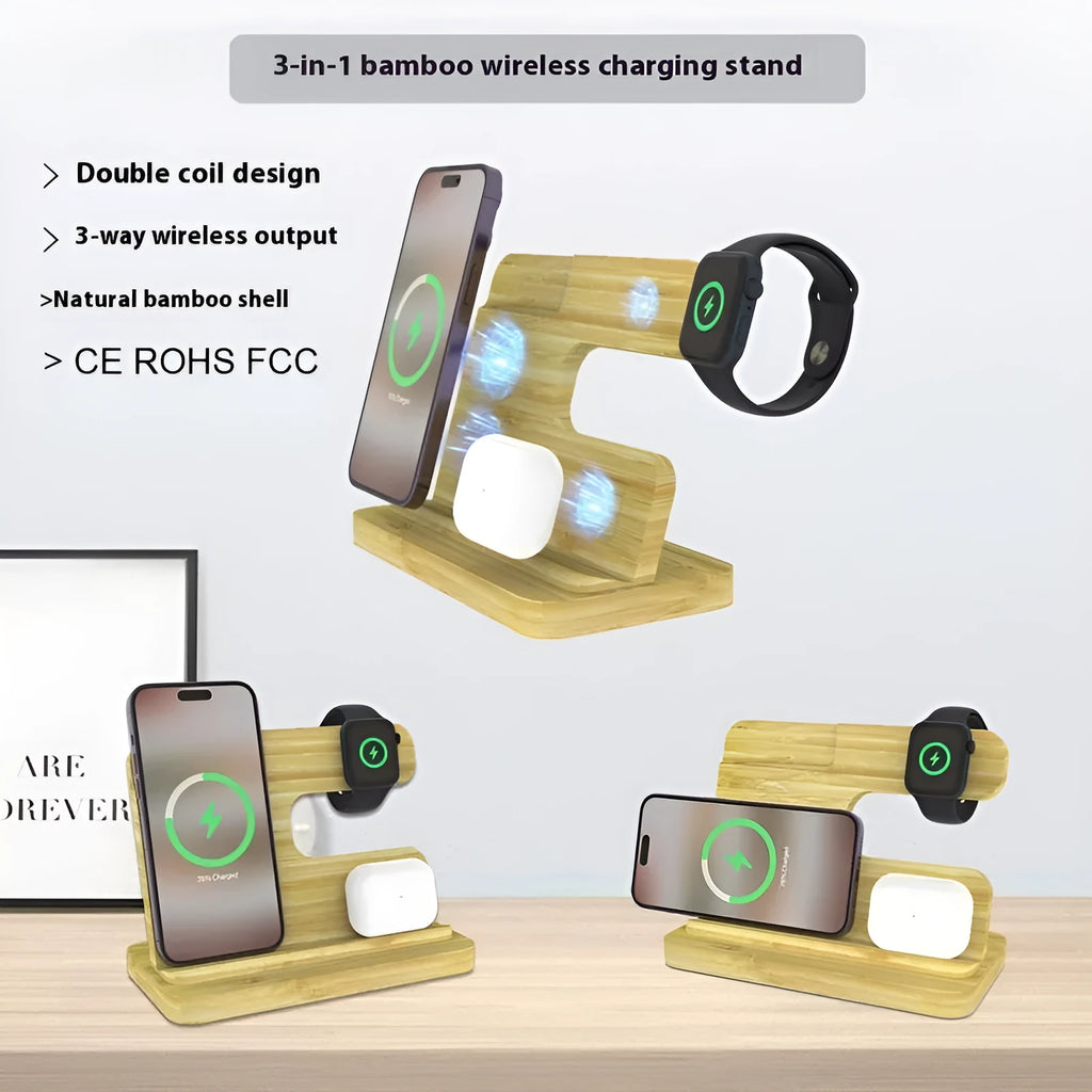 Bamboo three-in-one wireless charger bracket in wheat colour with devices on stand