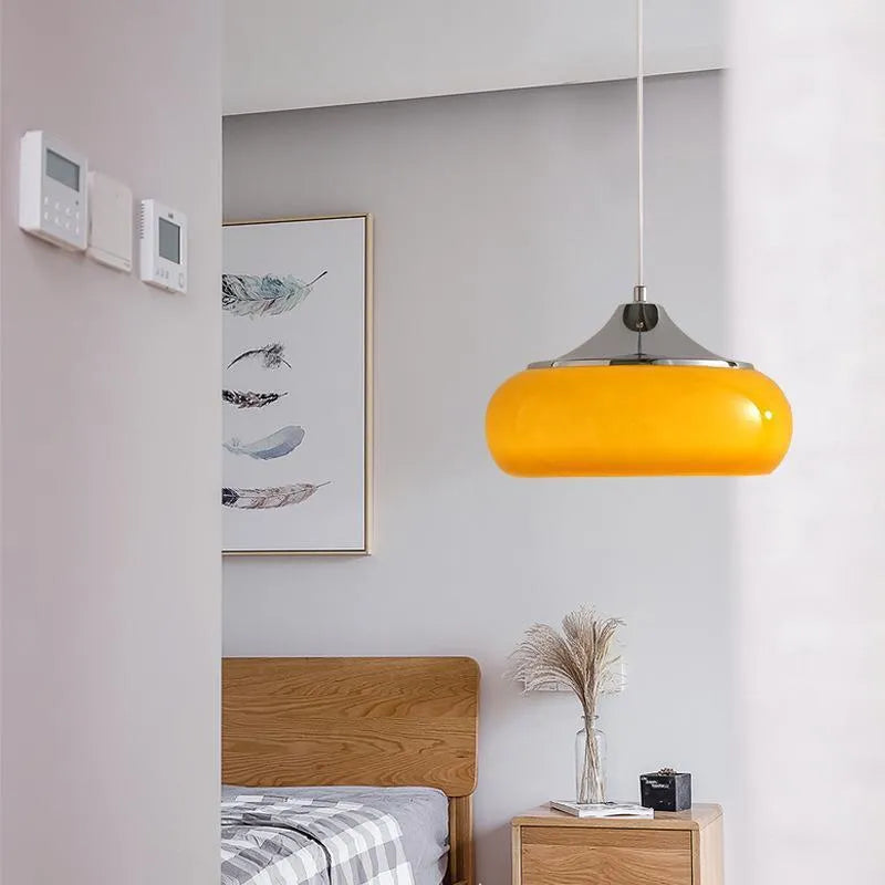 Milk white Bauhaus pendant light with three egg tart-shaped glass shades for bedroom or dining room