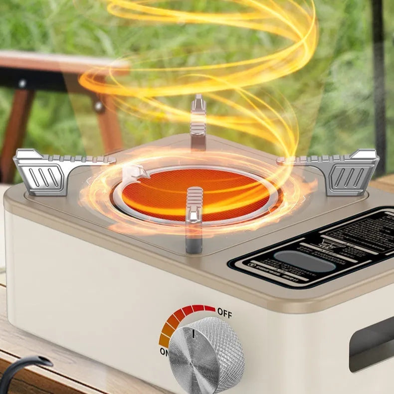 White portable infrared gas stove with stainless steel construction for outdoor camping use.