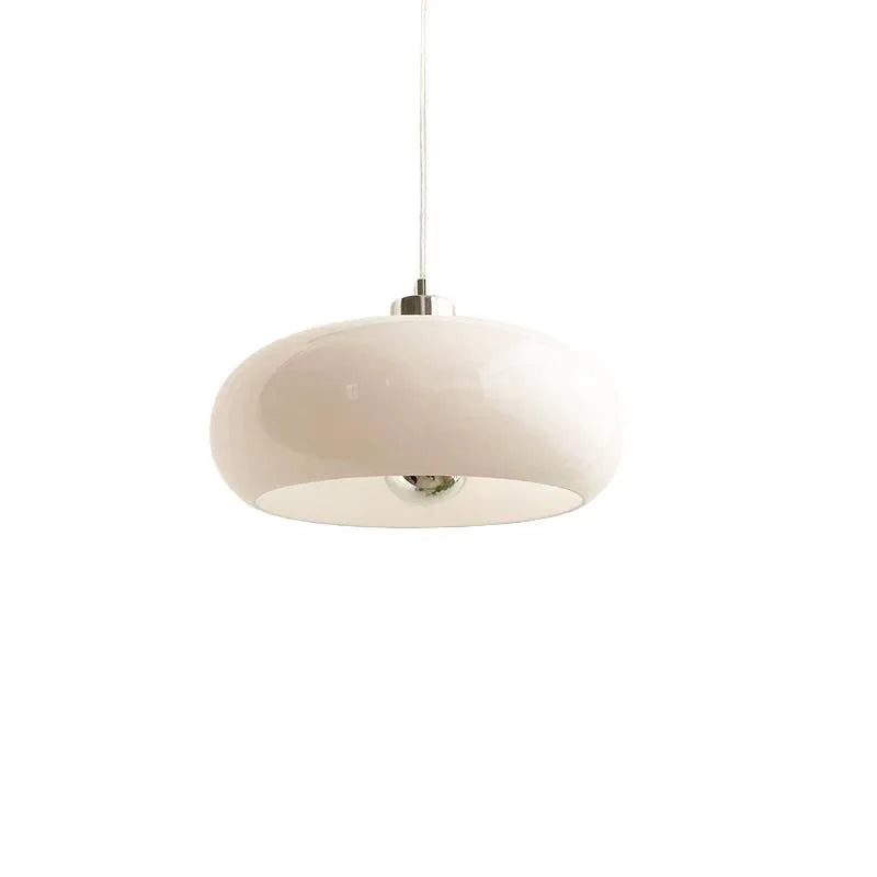 Milk white Bauhaus pendant light with three egg tart-shaped glass shades for bedroom or dining room