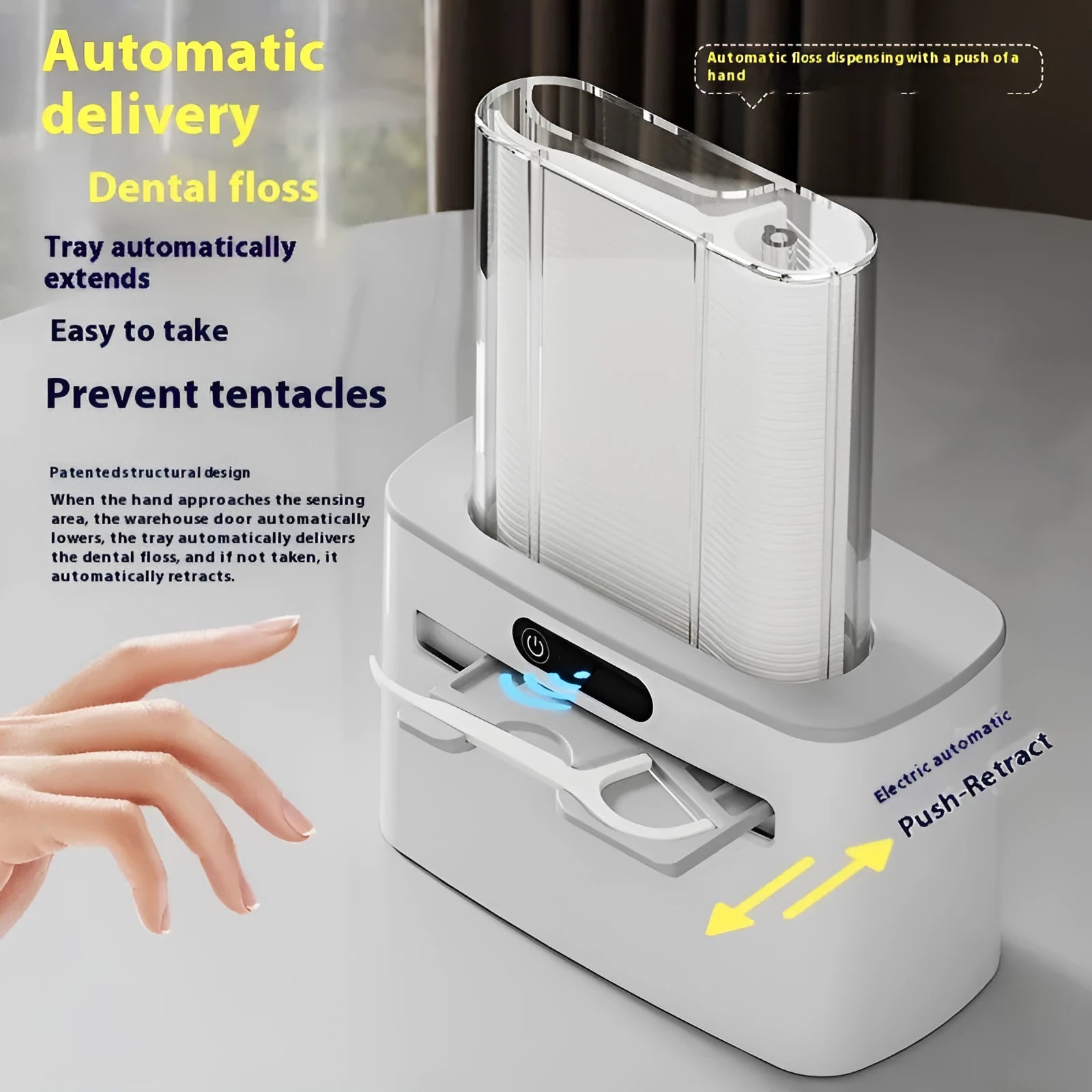Intelligent induction dental floss box in dark gray, light gray, and gold colour options with USB charging port