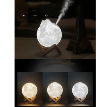 Lunar humidifier night light with spherical design, 13cm diameter, showing LED lighting and water tank