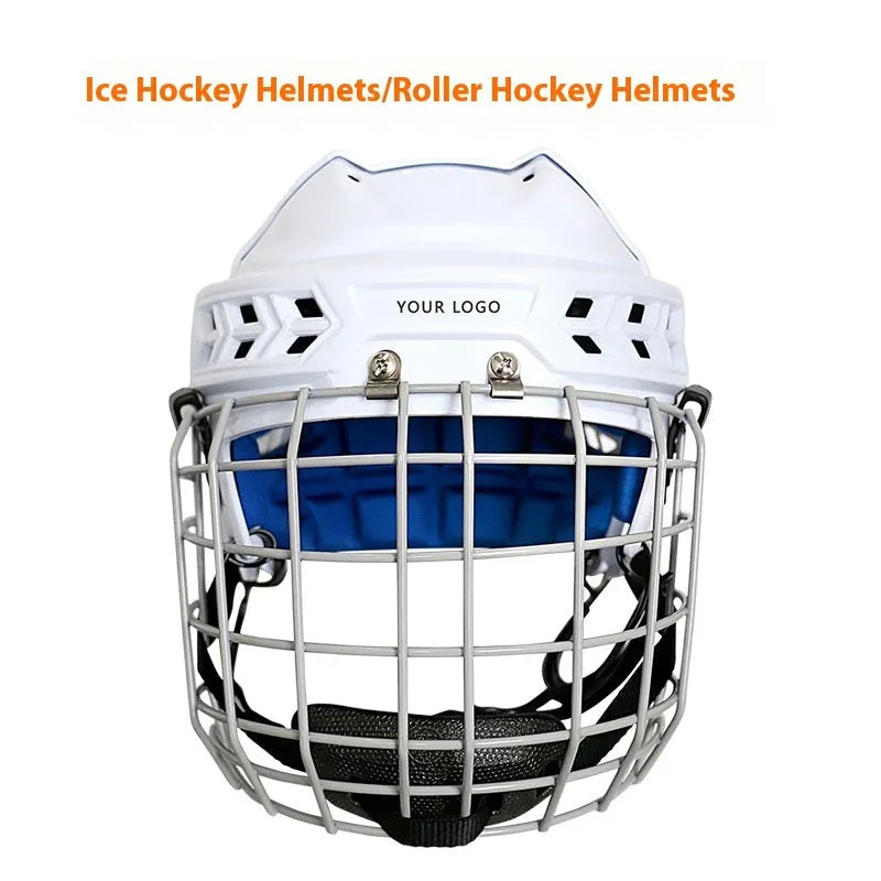 Adult ice hockey helmet with a carbon steel face mask, shown in S/M/L/XL sizes.