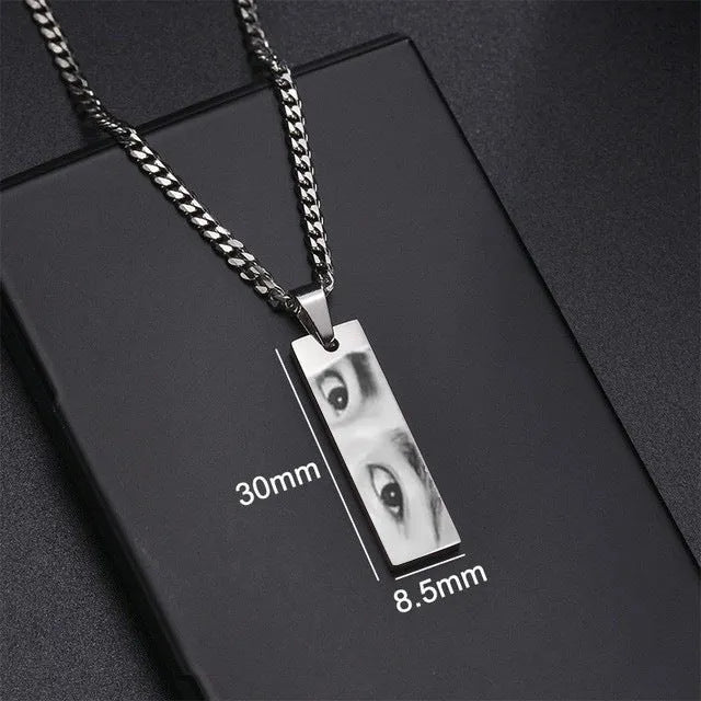 Custom stainless steel photo necklace with engraved eye design, geometric shape, and electroplating finish in a range of colours