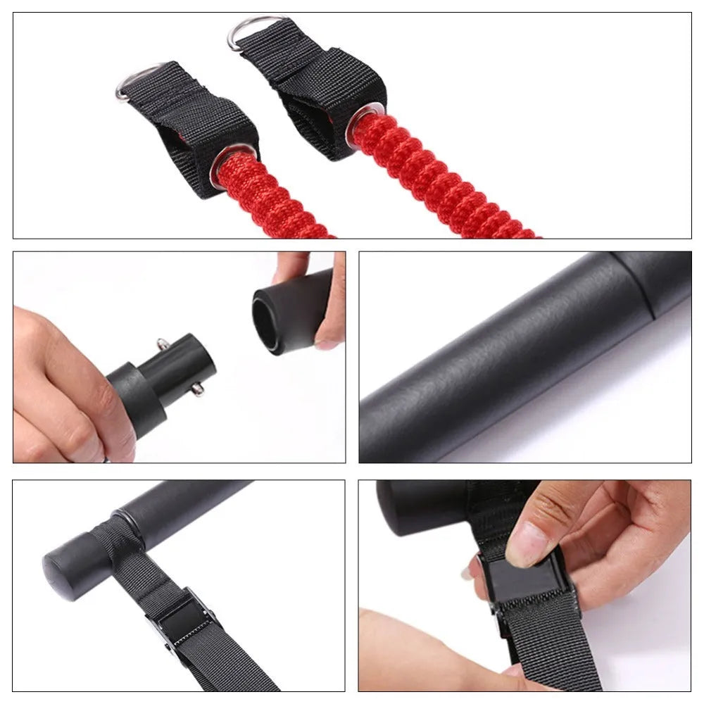 Pilates stick with 93cm folding rod, 100cm adjusting belt, black and red handles, and 30lb natural latex resistance bands