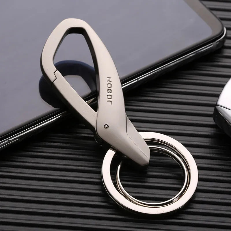 Zinc alloy car key waist hanging double ring keychain in black, chrome, or nickel colour measuring 8.3x3.5cm