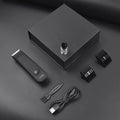 Black rechargeable men's body hair shaver with ceramic blade, waterproof body, USB cable, and limit comb.