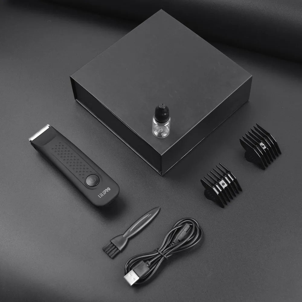 Black rechargeable men's body hair shaver with ceramic blade, waterproof body, USB cable, and limit comb.