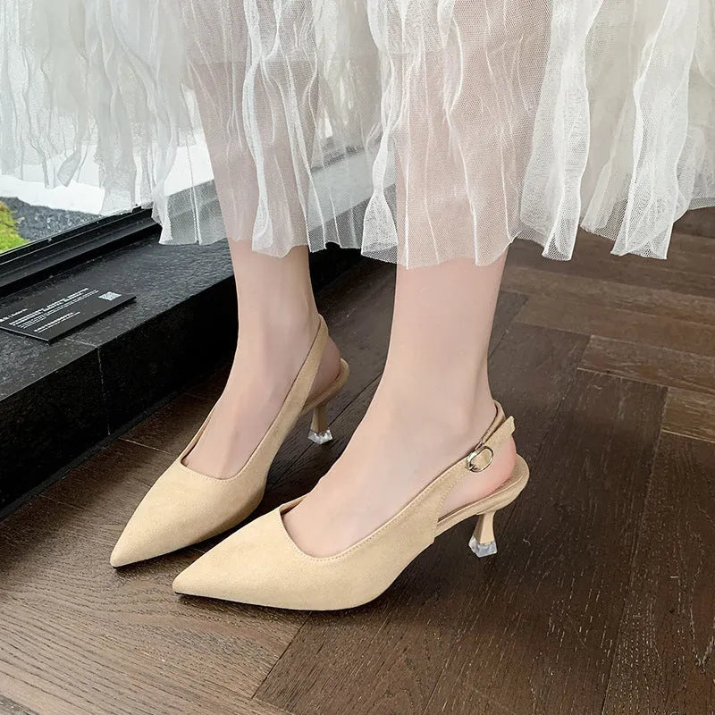 Women's suede stiletto heel pointed high heels in apricot, pink, sky blue, and yellow colours