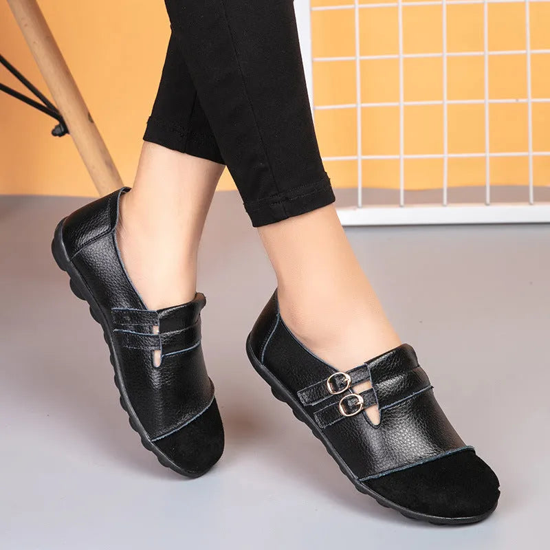 Casual low top flat shoes with Velcro strap in cow split leather, available in multiple colours.
