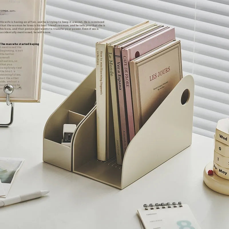 Plastic desktop storage box with two grid compartments in milk coffee colour
