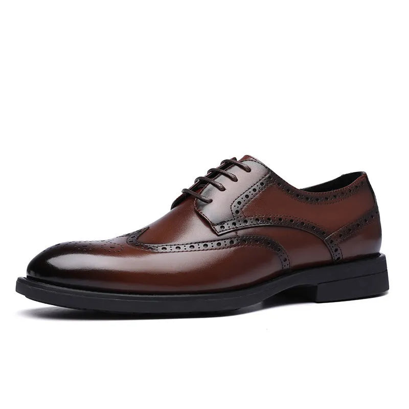 Men's black and brown brogue leather shoes for business with a PU leather upper.