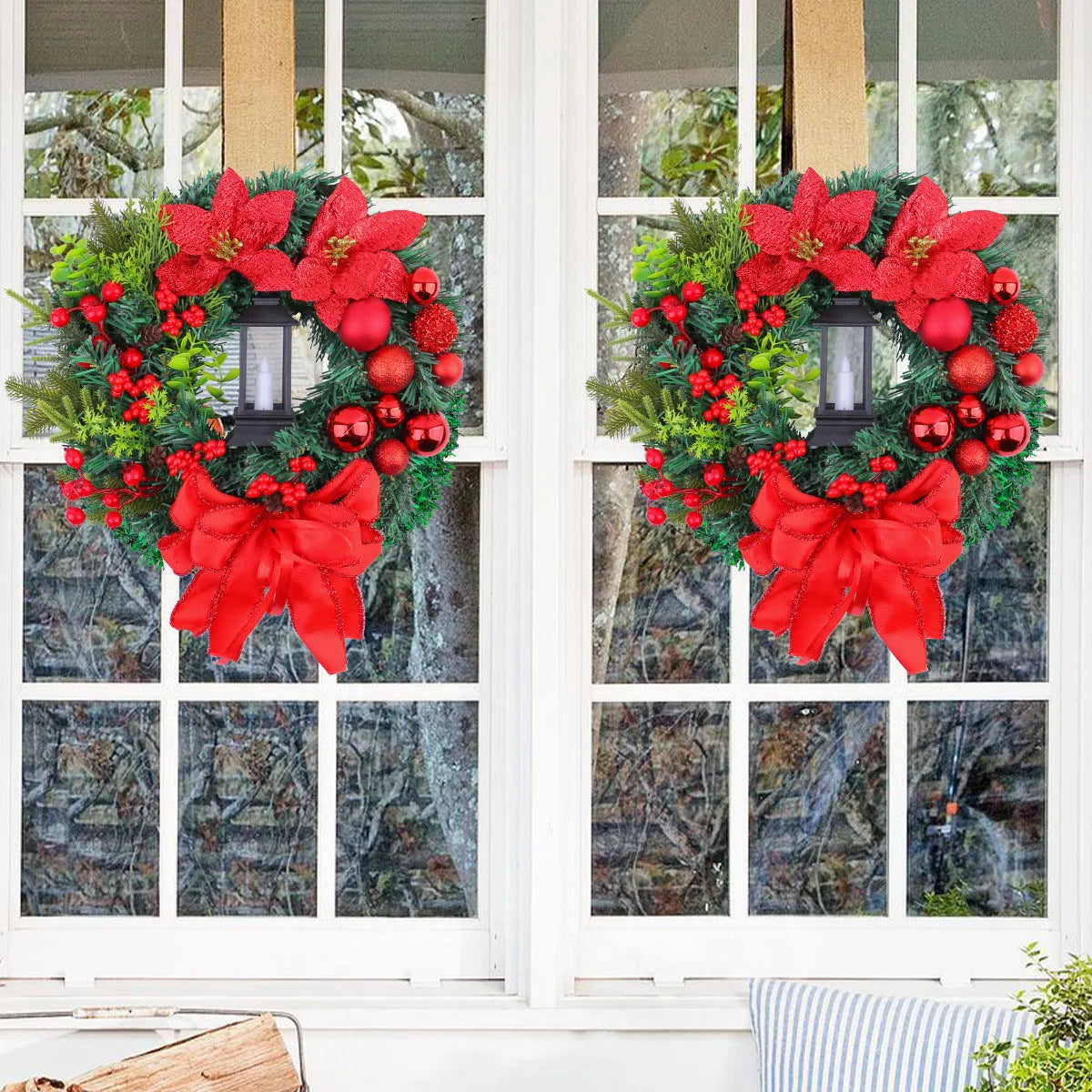 Plastic handmade holiday hanging garland in assorted wreath and light styles for festive door or wall display