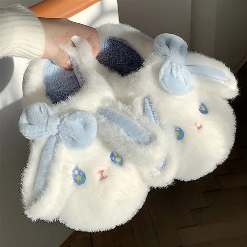 White autumn winter indoor slippers with soft EVA sole and platform heel, cartoon pattern, artificial wool lining.
