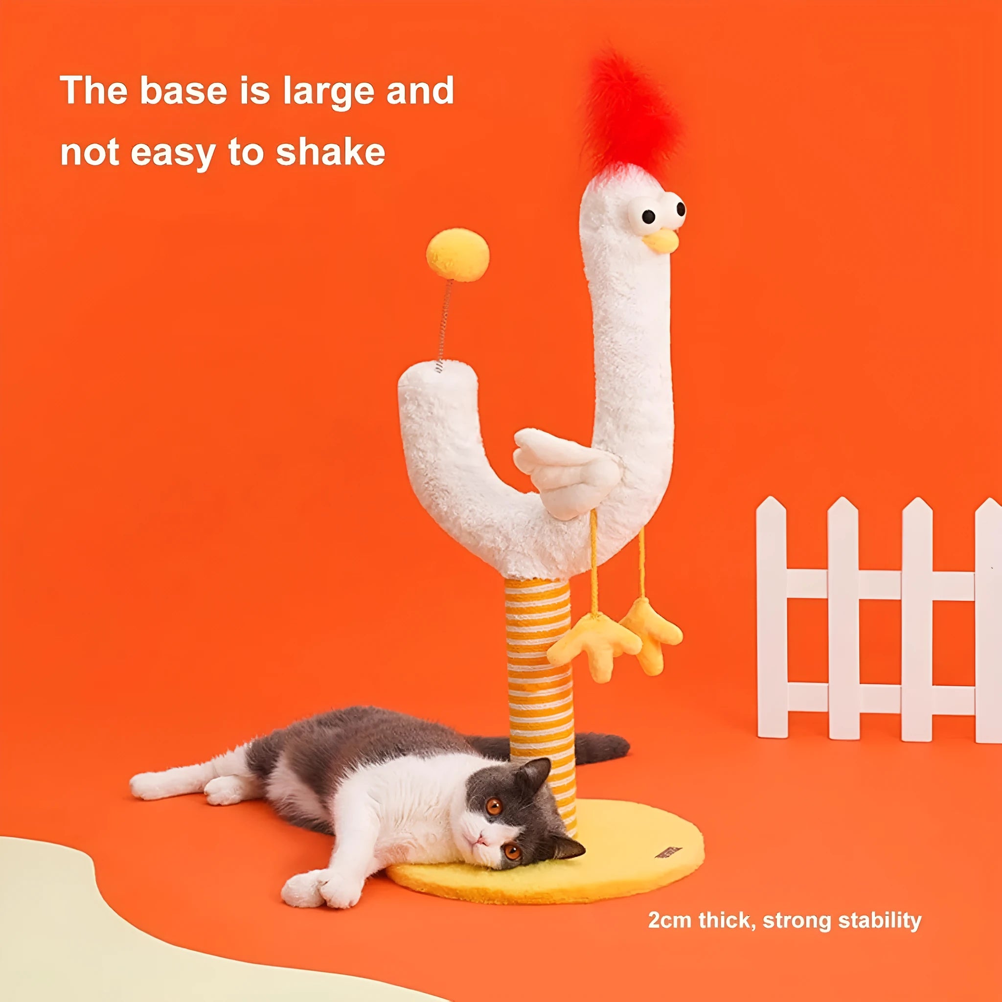 Yellow vertical cat scratching post with sisal wrapping, chicken strip design and spring ball attachment