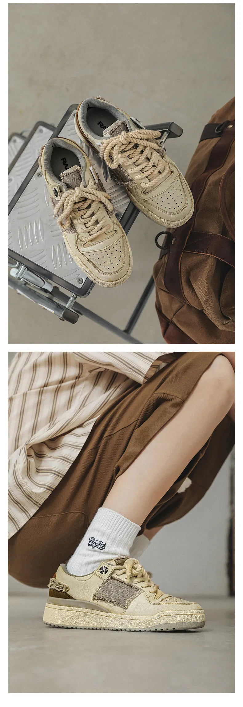 Beige vintage style low top skateboard shoes with flat rubber sole and lace-up front.