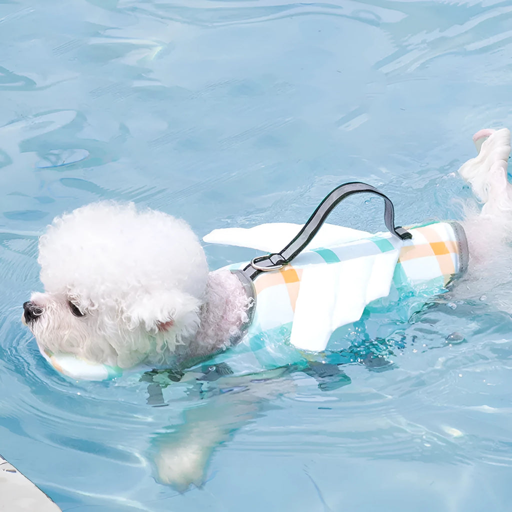 Dog swimming life jacket in polyester woven EVE buoyancy cotton, available in six sizes XS to XXL and four colours.