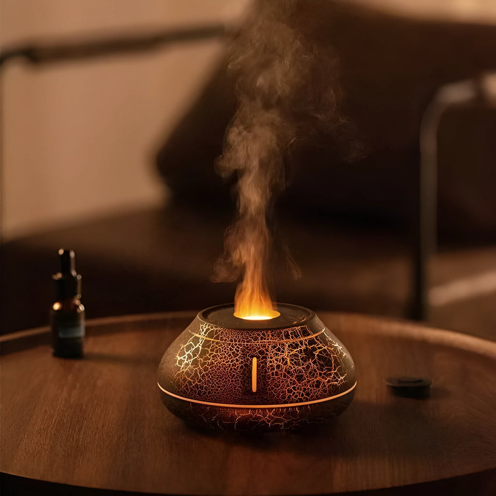 Round resin flame effect humidifier aroma diffuser with colourful LED light, 130ml tank, button control, white or black