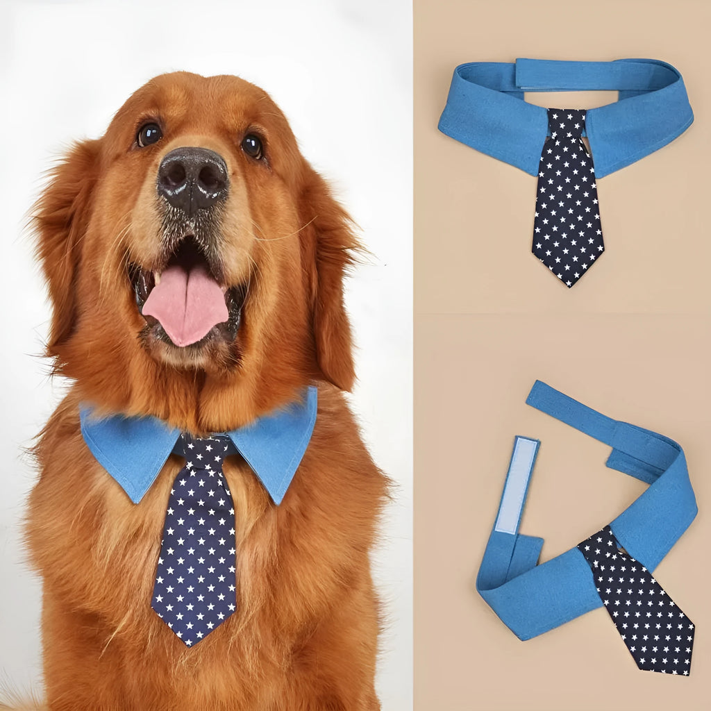Blue denim dog collar with white star pattern necktie, adjustable fastener tape, shown in three sizes