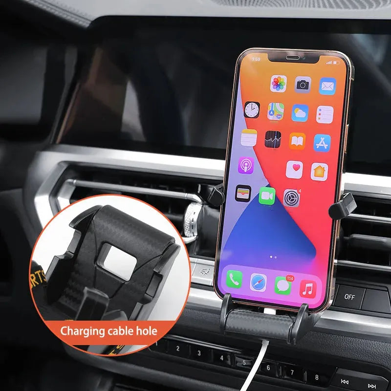 Gold and red car air vent phone holder with racing seat shape and 360-degree rotation