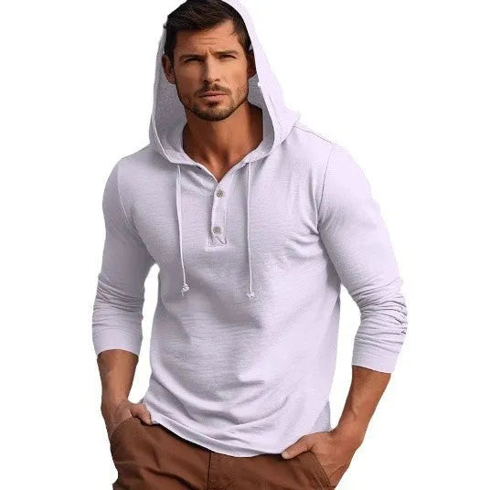Men's dark blue cotton pullover hoodie with long sleeves laid flat.
