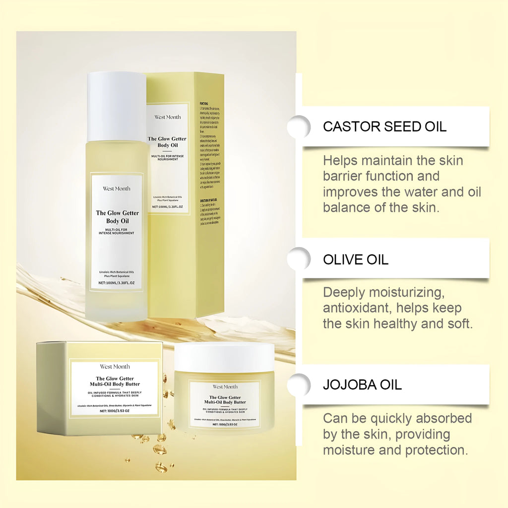 Nourishing and firming body care kit with moisturising cream and skincare oil bottles