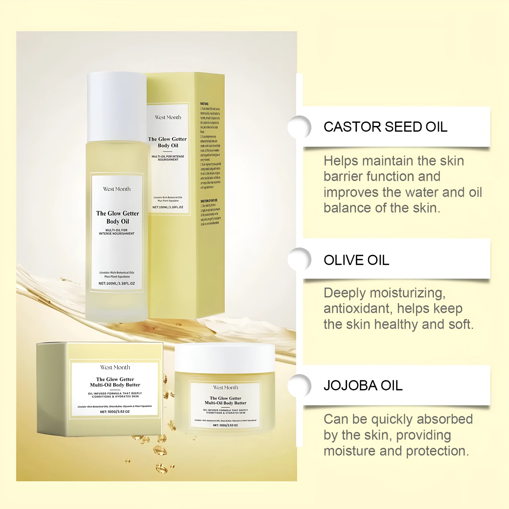 Nourishing and firming body care kit with moisturising cream and skincare oil bottles