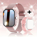 Smart watch with a 1.44-inch colour touch screen and a black silicone strap on a wrist.