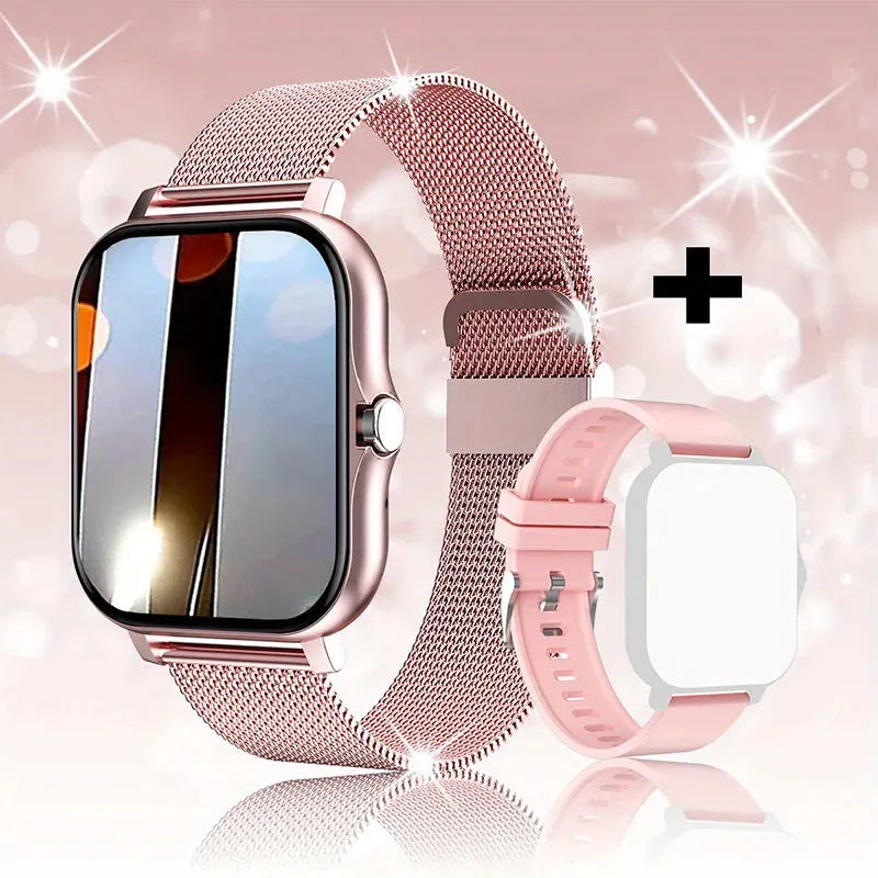 Smart watch with a 1.44-inch colour touch screen and a black silicone strap on a wrist.