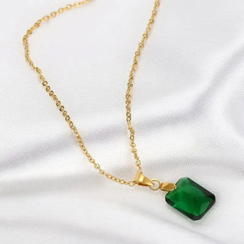 Green rectangular copper geometric pendant necklace on an O-ring chain