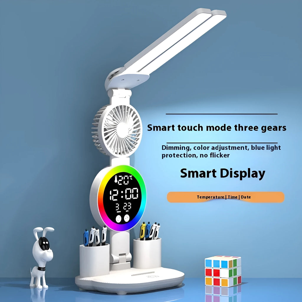 LED student desk lamp with clock and fan double-headed rechargeable USB powered