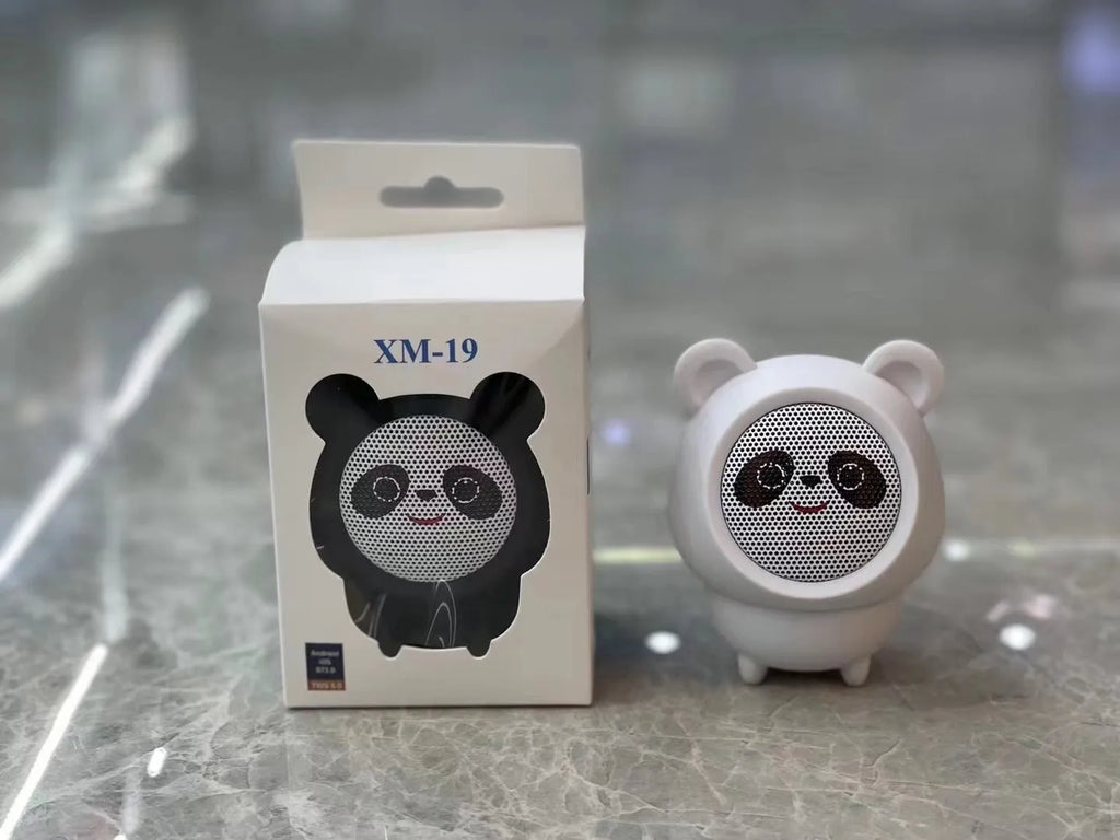 Cartoon panda desktop Bluetooth speaker in plastic, shown in one of five colours: white, pink, blue, black or brown.