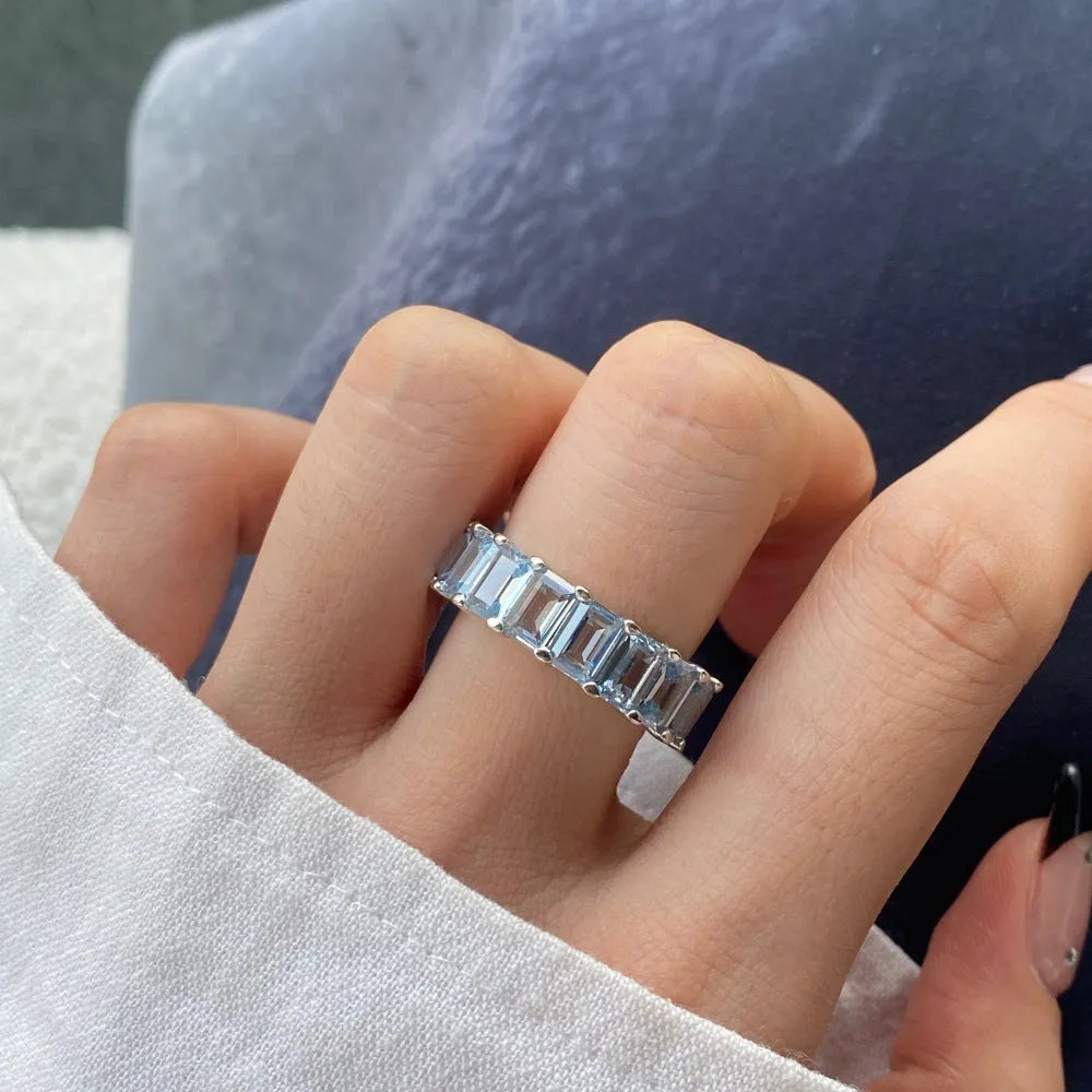 Women's rectangular full diamond super glitter zircon silver ring in blue