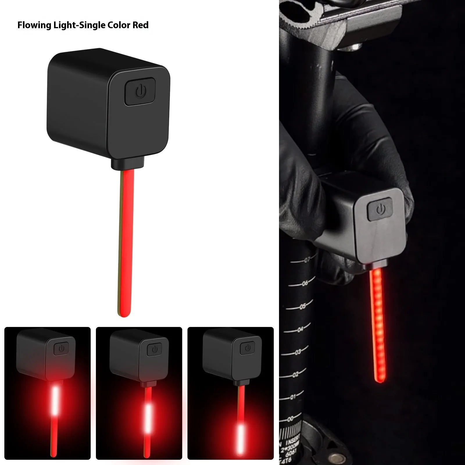 USB rechargeable bicycle running water tail light with silicone strap mount on a bike seat tube.