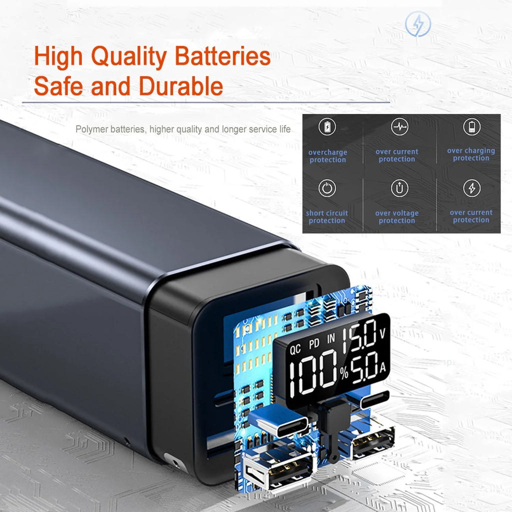 Black 65W metal power bank with 20000mAh capacity for charging laptops and phones.