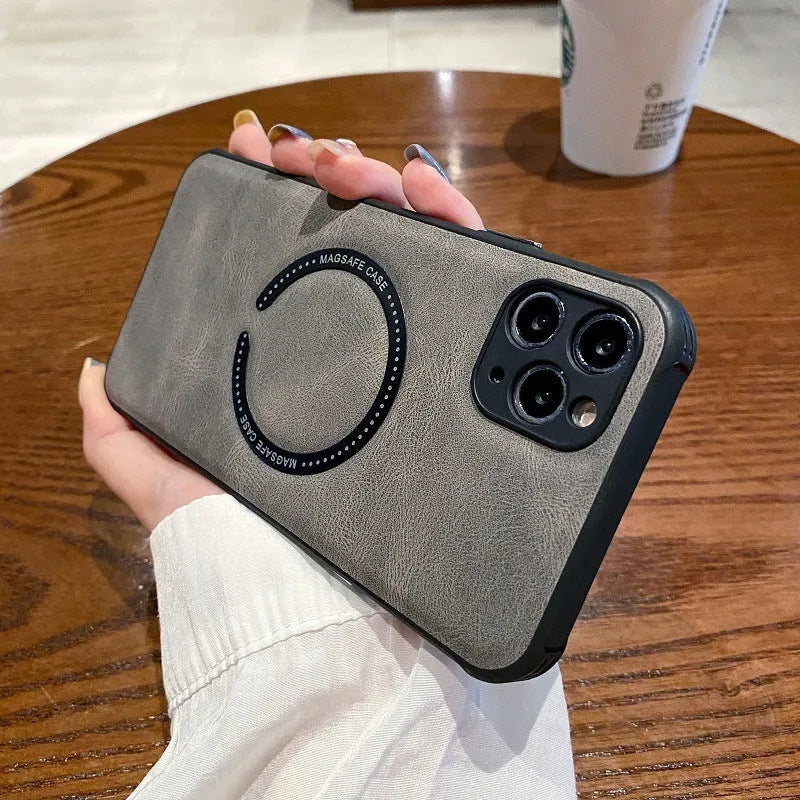 Business magnetic charging iPhone case in imitation leather with anti-fingerprint finish
