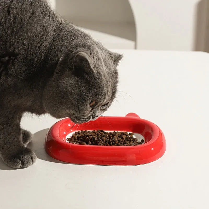 Ceramic pet bowl with a raised animal motif design on the side, shown in one of six available themes.