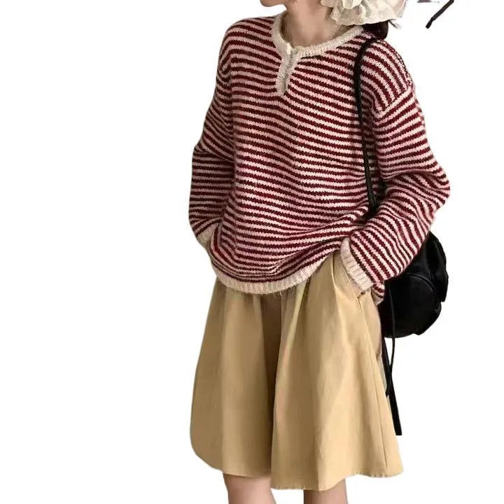 Women's red and blue striped cashmere pullover sweater with loose retro style