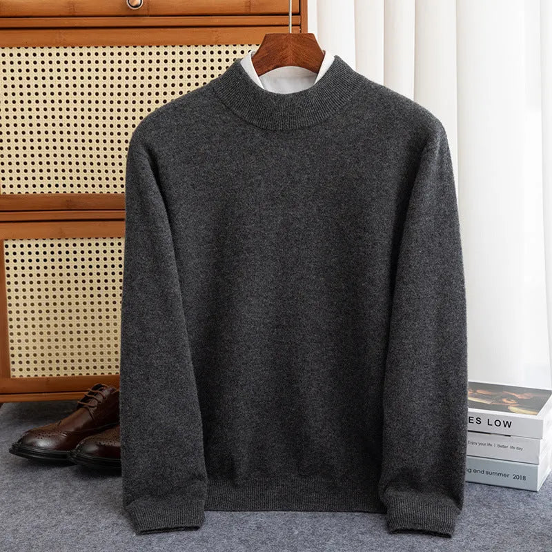 Men's half-collar wool sweater in loose fit showing colour options including black, brown and camel
