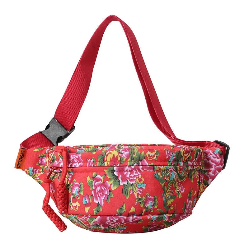 Women's western style waist bag with floral embroidery in black, red, green or blue colours