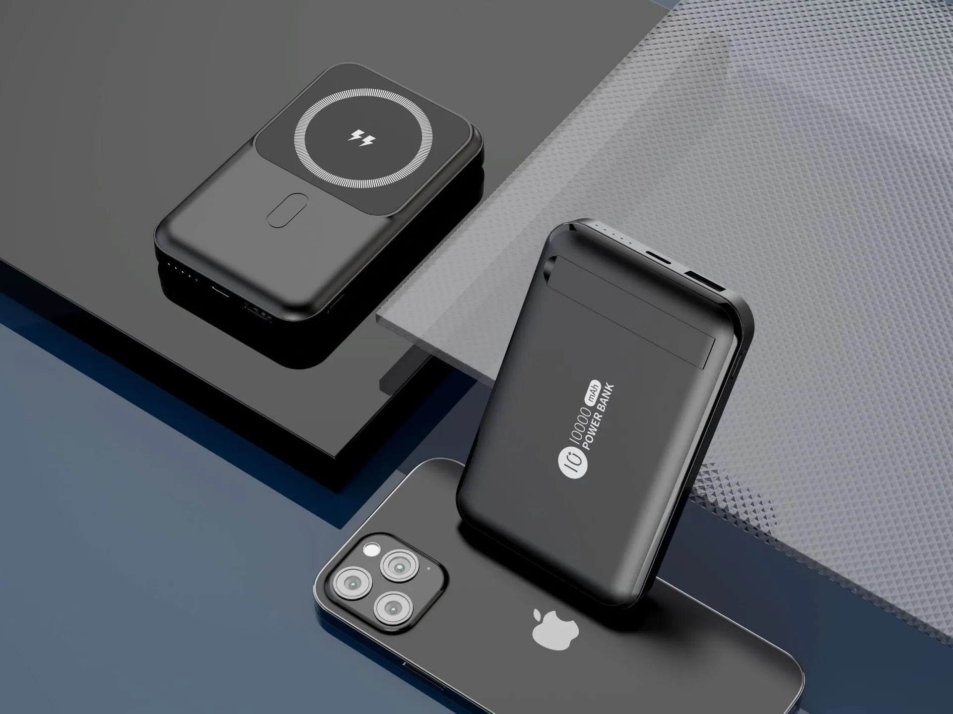 Magnetic wireless charging power bank with folding stand unfolded, shown in navy blue colour.