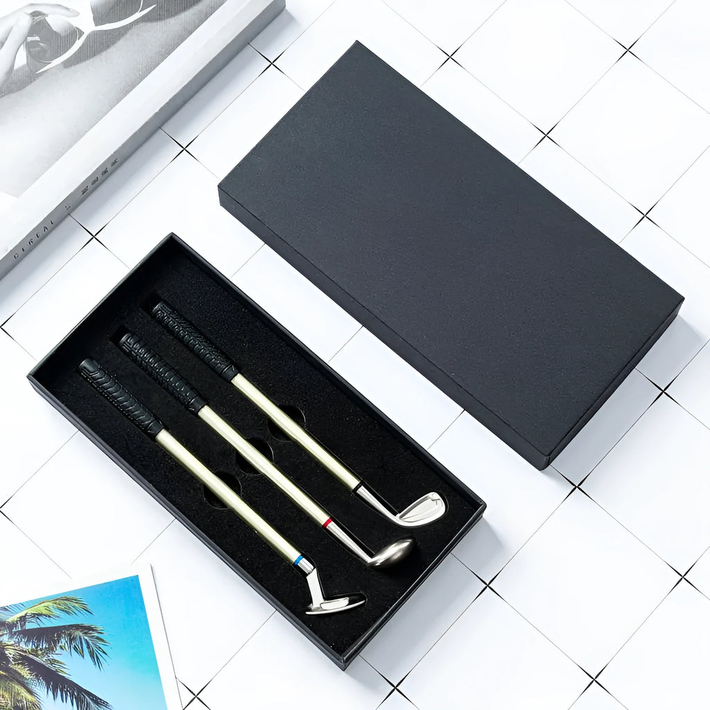 Three metal ballpoint pens with 0.7mm bullet nibs and suit golf design refills