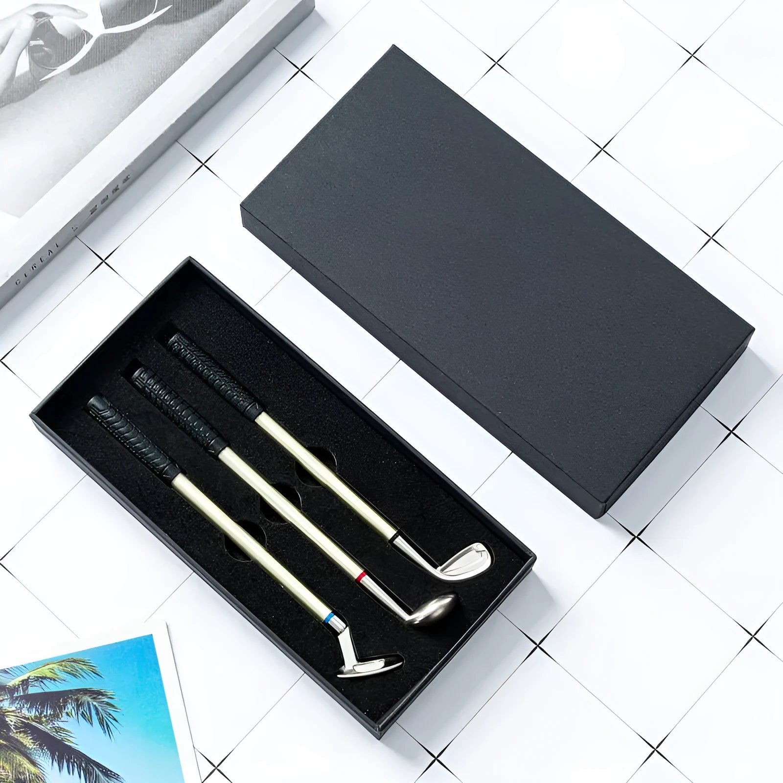 Three metal ballpoint pens with 0.7mm bullet nibs and suit golf design refills