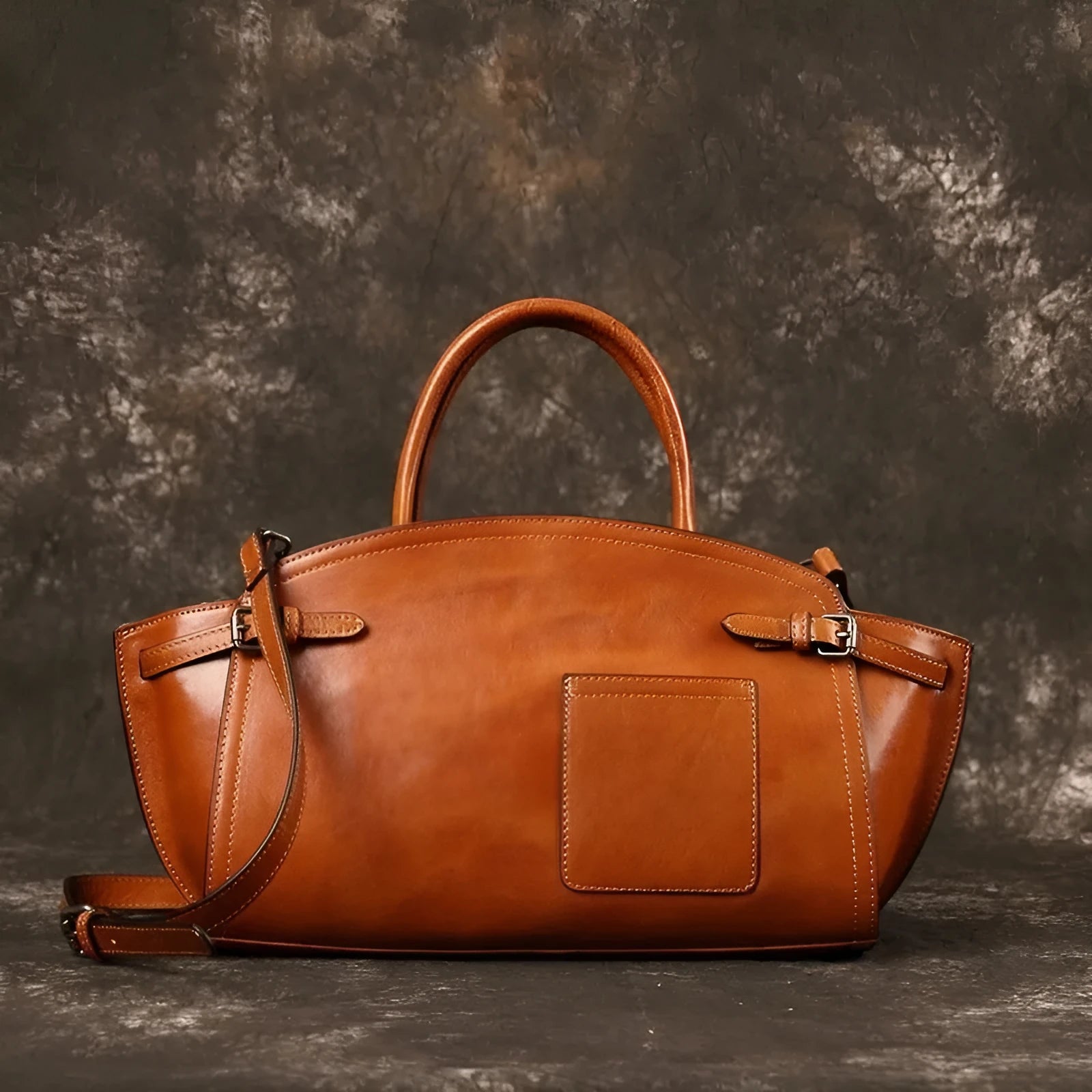 Genuine leather women's casual zip crossbody bag in brown with patchwork detail and multiple pockets