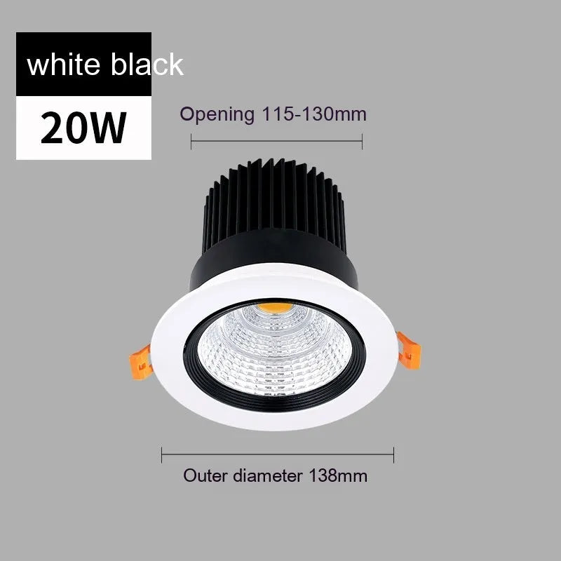 White aluminium embedded LED ceiling spotlight with anti-glare design showing three colour temperature options