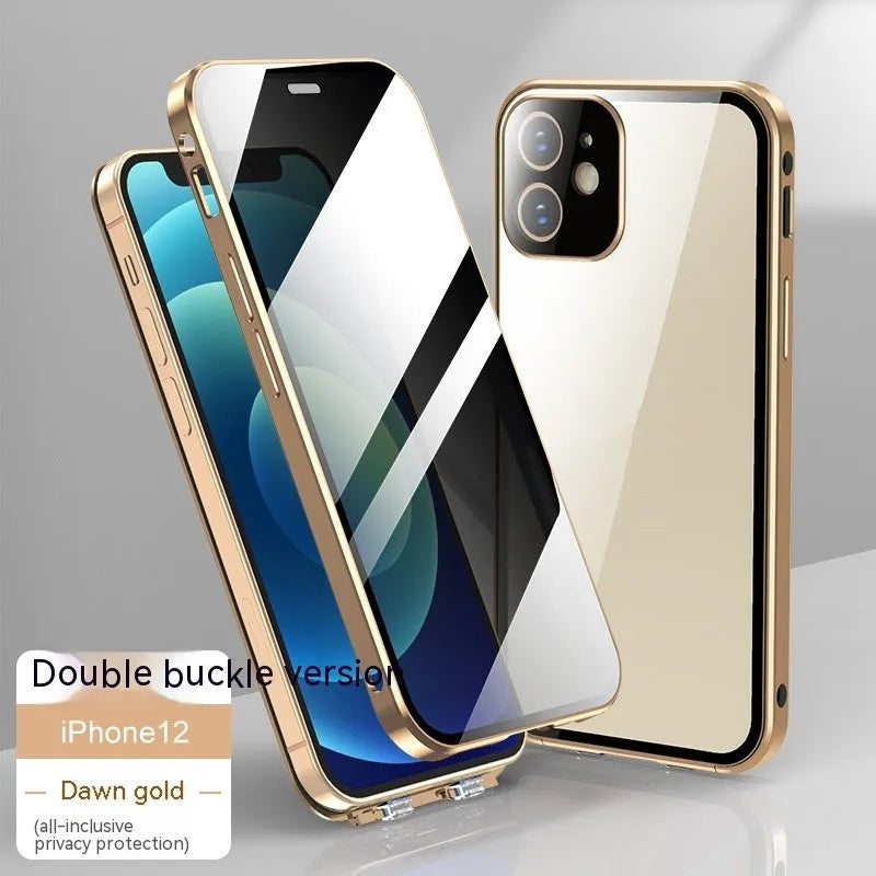 Glass privacy phone case with double-sided buckle for Apple iPhone, shown in multiple colour options.