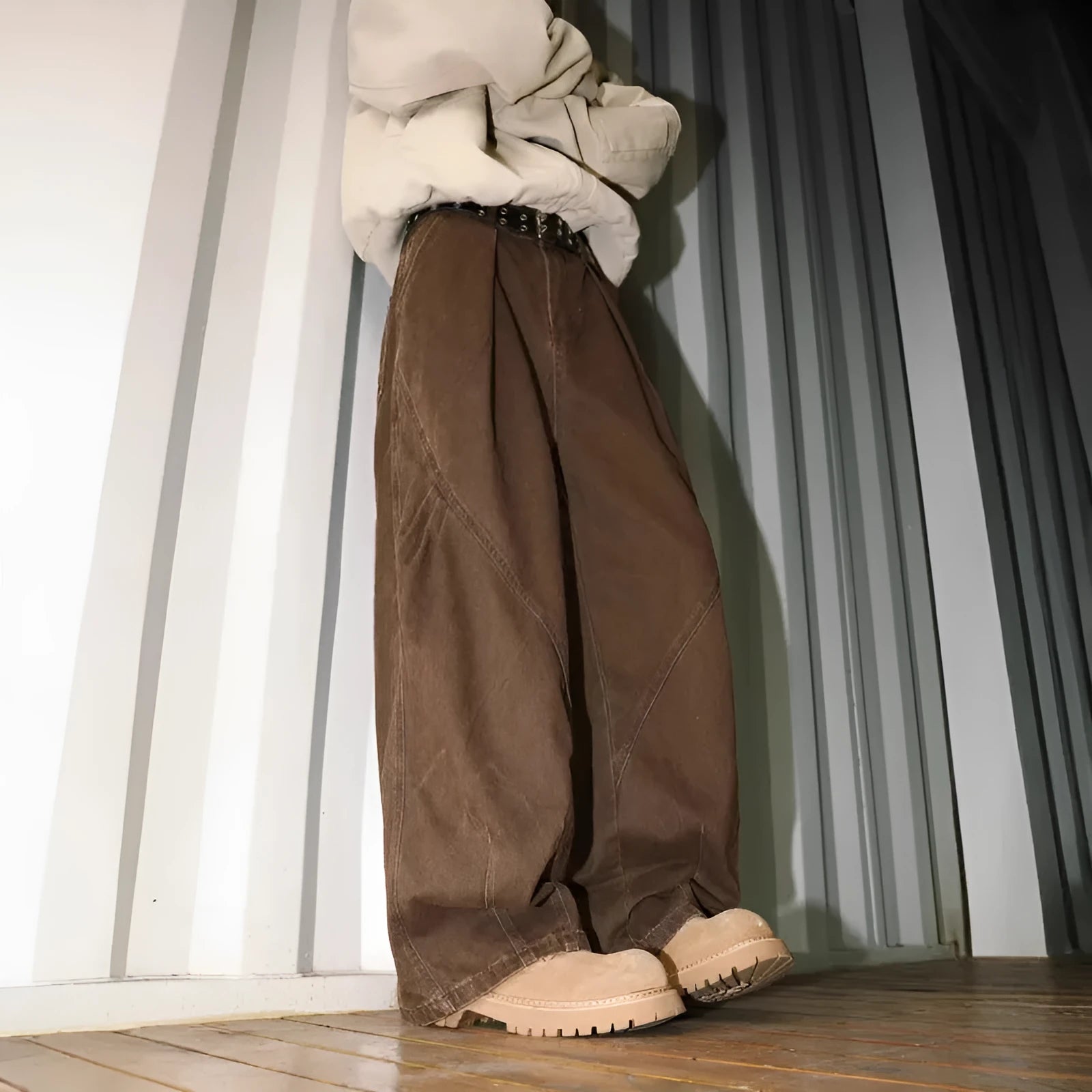 Men's straight leg pleated trousers in apricot colour with elastic waistband